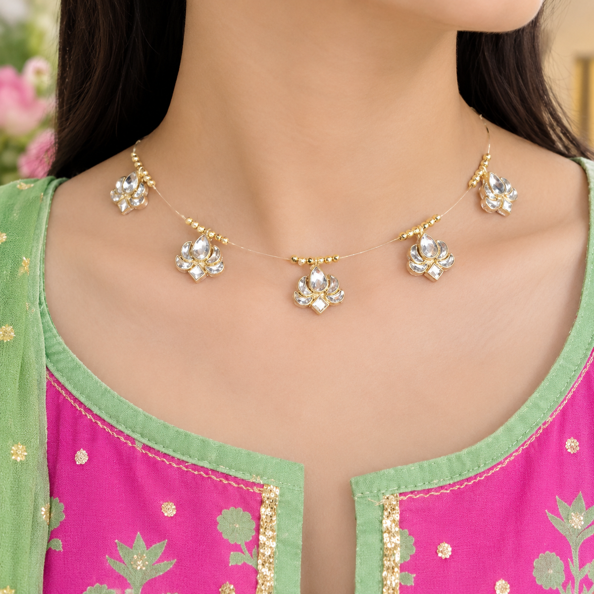 Lotus Kundan Invisible Necklace