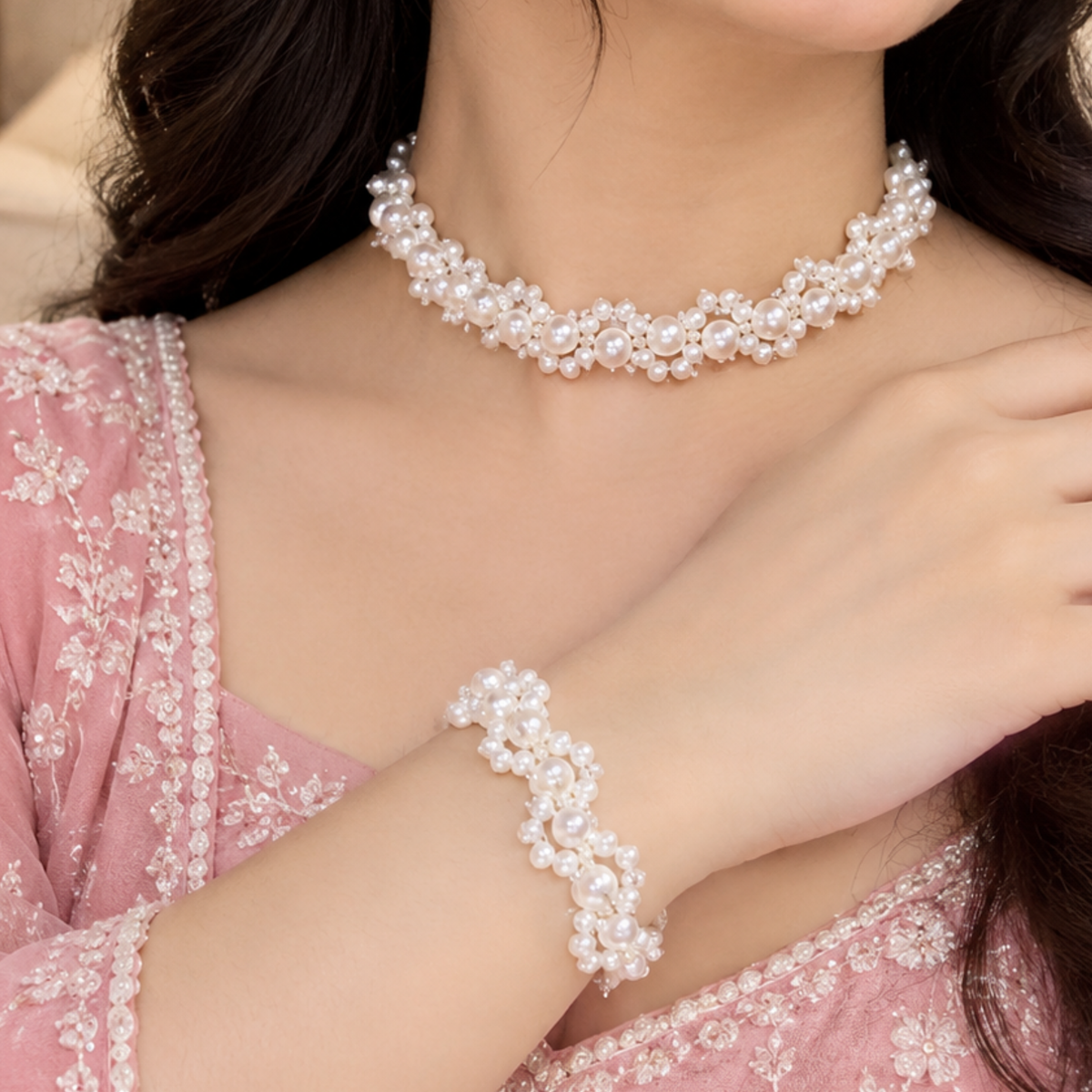 Swirl Pearl Necklace & Bracelet Set