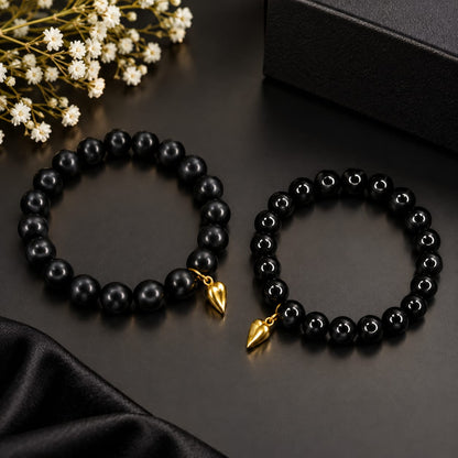 Couple Braclete With Magnet Heart (Mate & Glossy Black)
