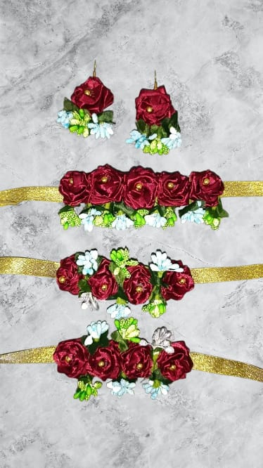 Ribbon Floral Jewelry Gajra Set (Choker, Gajry, Earrings)