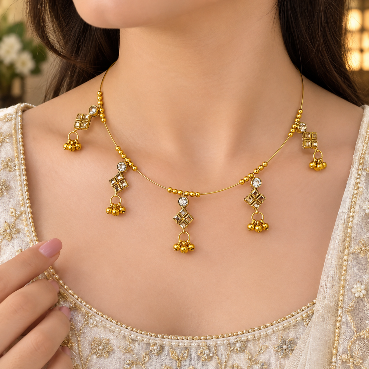 Square Kundan Invisible Necklace