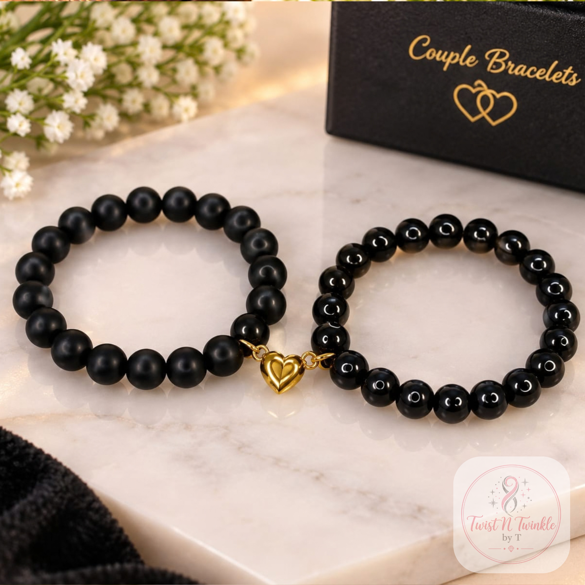 Couple Braclete With Magnet Heart (Mate & Glossy Black)